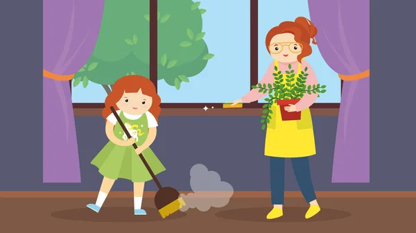 Mutter Und Tochter Putzen Ihre Wohnung — Stockvektor
