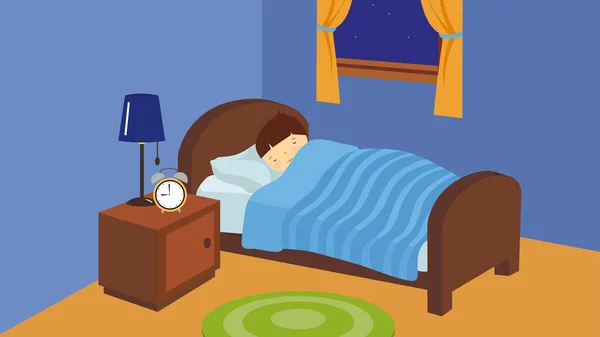 Ung Man Liggande Sängen Med Klocka Och Sömn — Stock vektor