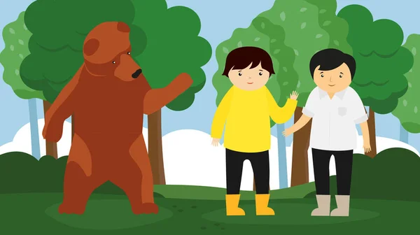 Δύο Νεαροί Άντρες Αρκούδα Στέκονται Στο Δάσος — Διανυσματικό Αρχείο