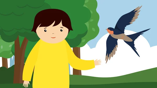 Kleiner Junge Und Vogel Park — Stockvektor