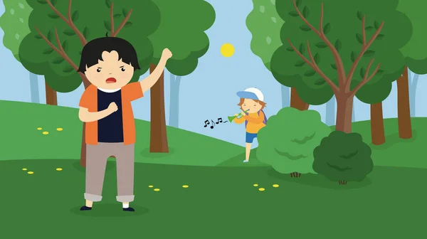 Αγόρι Ακούει Μουσική Πίσω Από Ένα Θάμνο Στο Πάρκο Εικονογράφηση — Διανυσματικό Αρχείο