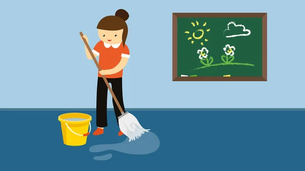 Young Girl Cleaning Cleaning Floor — Stock Vector