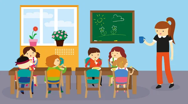 Sınıftaki çocukların vektör düz çizimi. Öğretmen ve öğrenciler. okul ve eğitim