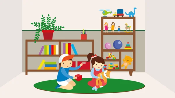Barn Leker Med Leksaker Hemma Vektor Illustration Design — Stock vektor