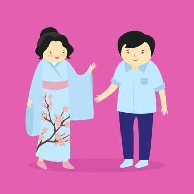 Geleneksel giyinmiş Japon bir çift. Pembe arkaplanda çizgi film tarzında vektör illüstrasyonu.