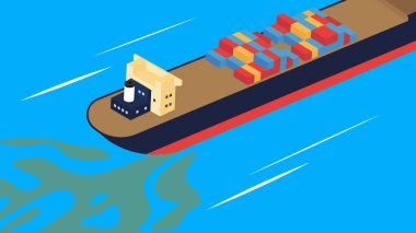 Mavi arka planda konteynırları olan Isome kargo gemisi. Düz vektör illüstrasyonu.