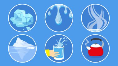 Mavi arkaplanda izole edilmiş buz ve su ikonları. Buz küpleri, bir bardak su, çaydanlık, çaydanlık, bardak..