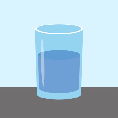 Mavi arka planda bir bardak su. Düz biçimli vektör illüstrasyonu