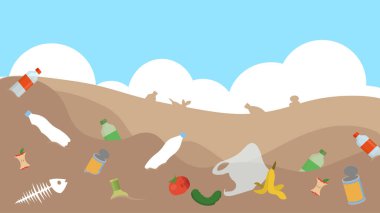 Farklı tipte plastik atık içeren bir çöp çöplüğünün vektör çizimi.