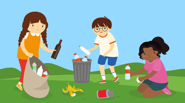 group of children cleaning the park. vector illustration. cartoon style.
