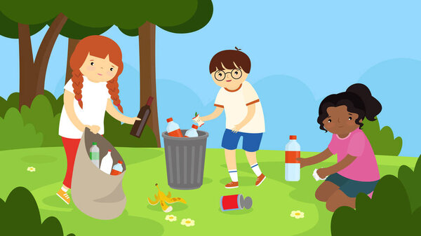 children in the park cleaning from the garbage vector illustration.