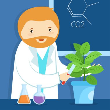 Bilim adamı tüpü tutuyor ve bitki üzerinde test yapıyor.