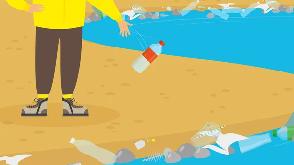 ゴミコンセプト 水にプラスチックびんを投げ捨てる人のフラットスタイルのイラスト — ストックベクタ
