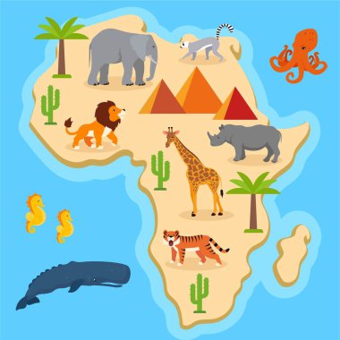 Afrika ve hayvanların haritası, vektör illüstrasyonu