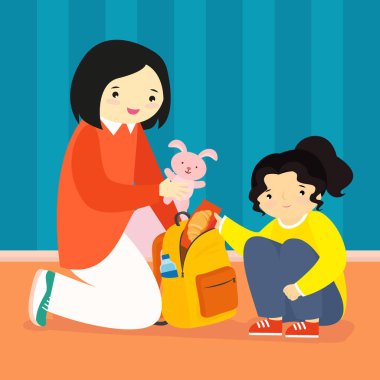 Çantalı anne ve kızı, vektör çizimi