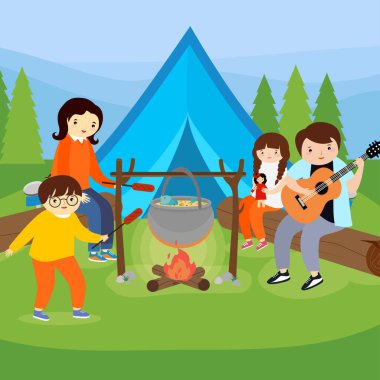 Şirin aile kampı, vektör illüstrasyonu