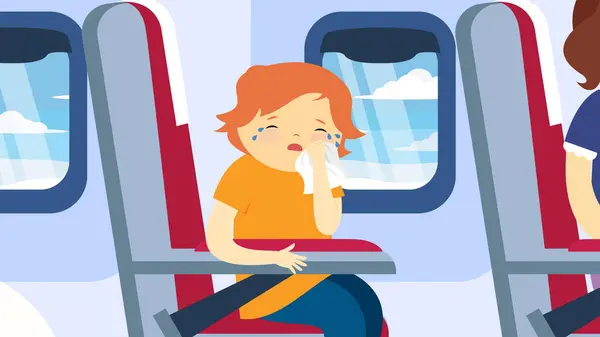 stock vector girl crying during flight on airplane. vector illustration