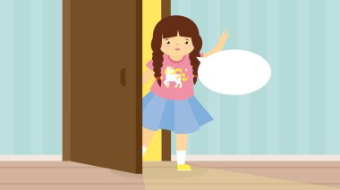 Kapıdan dışarı bakan kız konuşma balonuyla, vektör illüstrasyonuyla