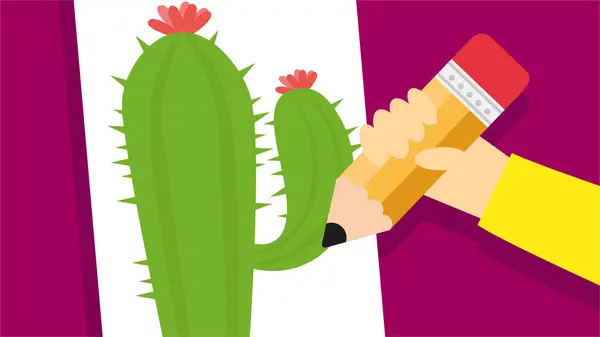 Kaktus Illustration Barnslig Handgjord Skolkonst Med Kid Hand — Stock vektor