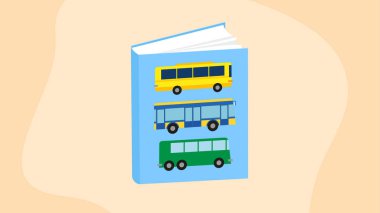 Sarı arka planda otobüsü olan bir kitabın vektör illüstrasyonu.