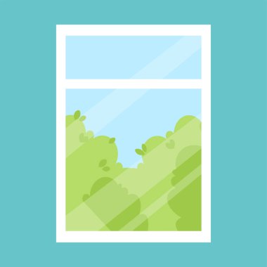 Düz stil ile pencere vektör illüstrasyonu. Yeşil ağaçlı pencere çerçevesi.