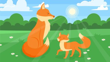 Çayırdaki şirin tilkiler. Düz vektör illüstrasyonu.