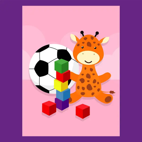 Ilustração Girafa Bonito Jogando Com Cubos Uma Bola Futebol —  Vetores de Stock
