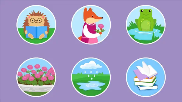 Set Icons Cute Animals Flowers Vector Illustration — Stock Vector