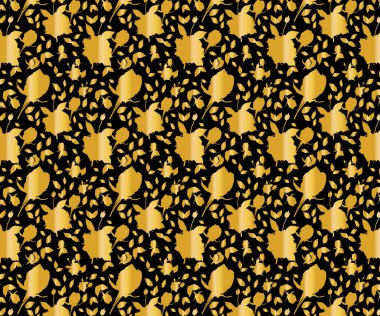 Altın Güller ve yapraklar siyah arkaplanda vektör tekrarlama deseni.