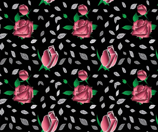 粉红色的玫瑰和带有黑色背景的叶子向量重复图案 — 图库矢量图片