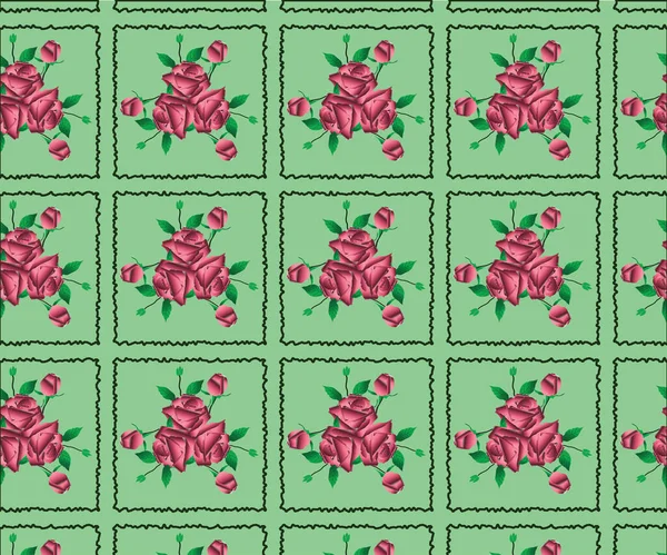 バラの花のベクトルの繰り返しパターンとともにシーフォームグリーンの背景 — ストックベクタ
