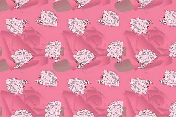 带康乃馨粉红背景的迷雾玫瑰花色矢量重复图案中的玫瑰 — 图库矢量图片