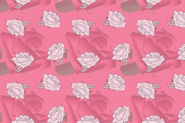 带康乃馨粉红背景的迷雾玫瑰花色矢量重复图案中的玫瑰 — 图库矢量图片