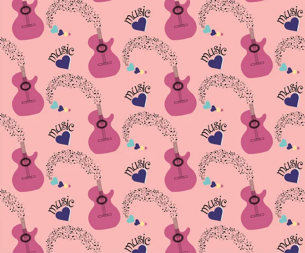 具有粉色背景的吉他 音乐符号和心形矢量重复图案 — 图库矢量图片