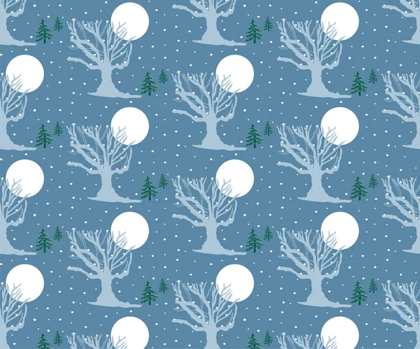Ağaçlar ve ay vektörü buz mavisi arkaplan içeren deseni tekrarlıyor.
