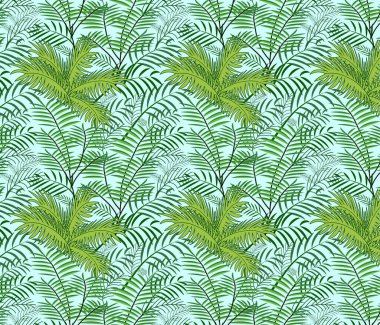 Gökyüzü mavisi arkaplan ile farklı tropikal bitkiler vektör desen.