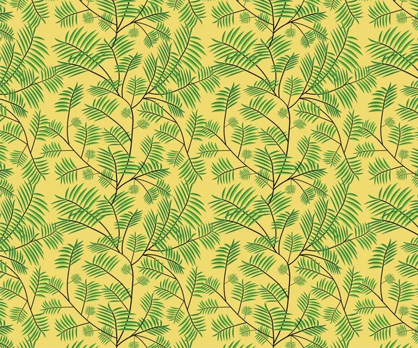 Tropikal bitkiler, pastel sarı arkaplan ile tekrarlanan desen.