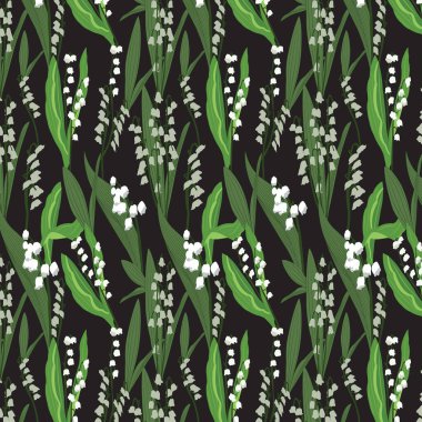 Siyah arka planda yeşil yapraklı çiçek vektör tekrarlama deseni.