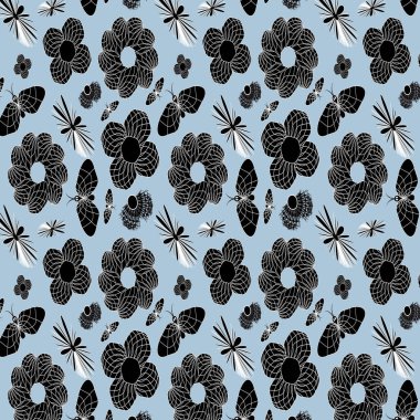Çiçek ve Sinek vektör tekrarlama şablonu ile mavi melek renk arka planı üzerinde siyah elementler.
