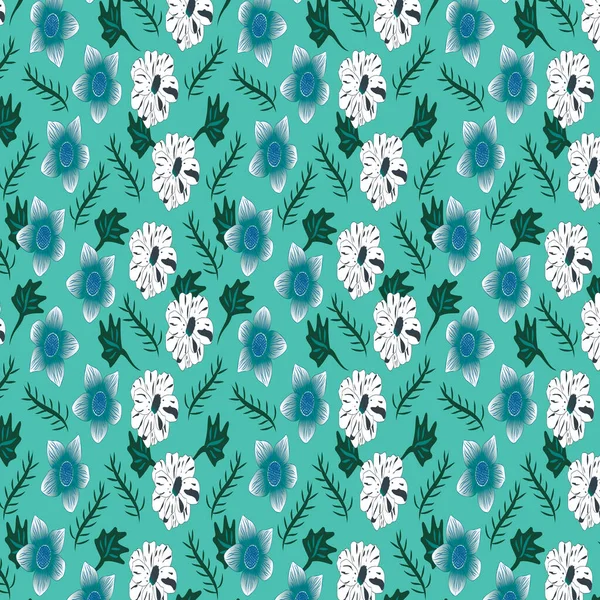 Fleurs Florissantes Motif Vectoriel Répétition Sur Fond Couleur Verte Seafoam — Image vectorielle
