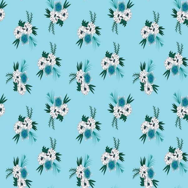 花のベクトルの繰り返しパターンとともに薄空青の背景 — ストックベクタ