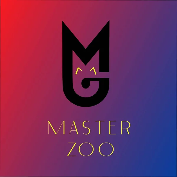 An brand image of petshop with illustration of cat black silhouette and inscription of Master Zoo at dark red and blue gradient
