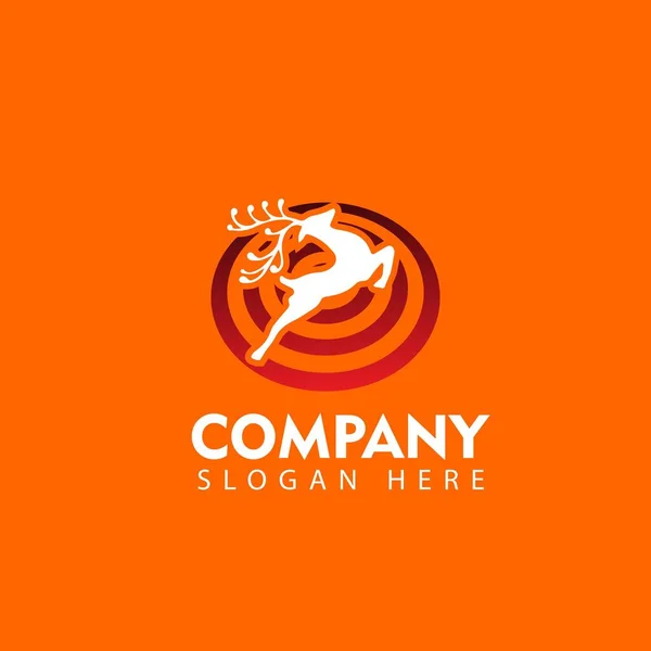An brand identity logo of company: an image of white deer in red circles and a company slogan and bright orange background