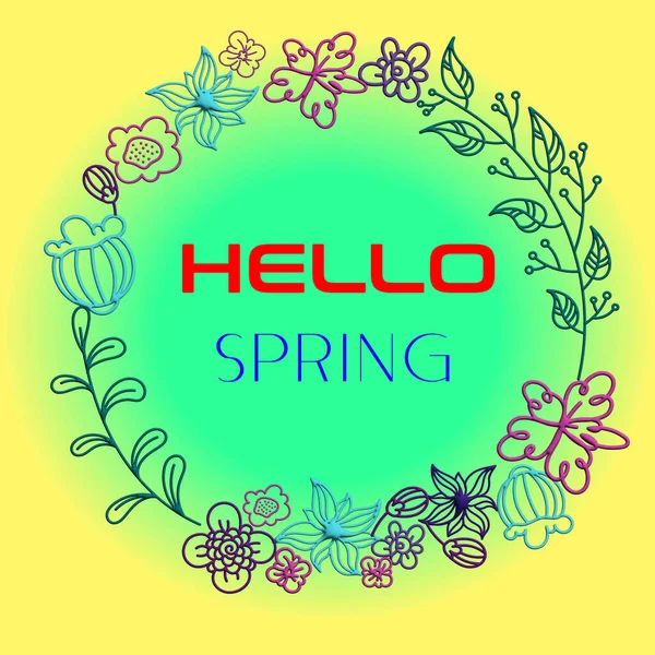 Hello Spring Obraz Wieloma Kwiatami Ułożone Kole Miękkim Tle Gradientowym — Zdjęcie stockowe