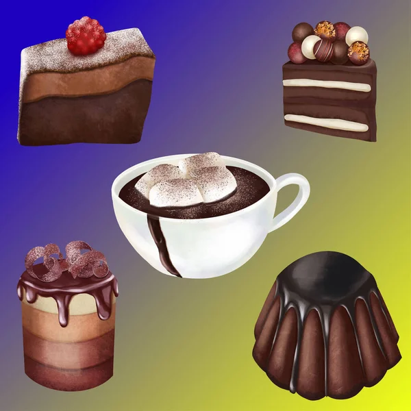A set of chocolate with cake, cakes, milk, and cream at blue-yellow gradient background