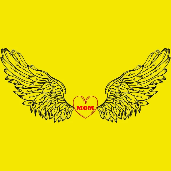 红色心形的中间有一个简单的图解 有翅膀和 Mom 位于明亮的黄色背景的翅膀之间 — 图库照片