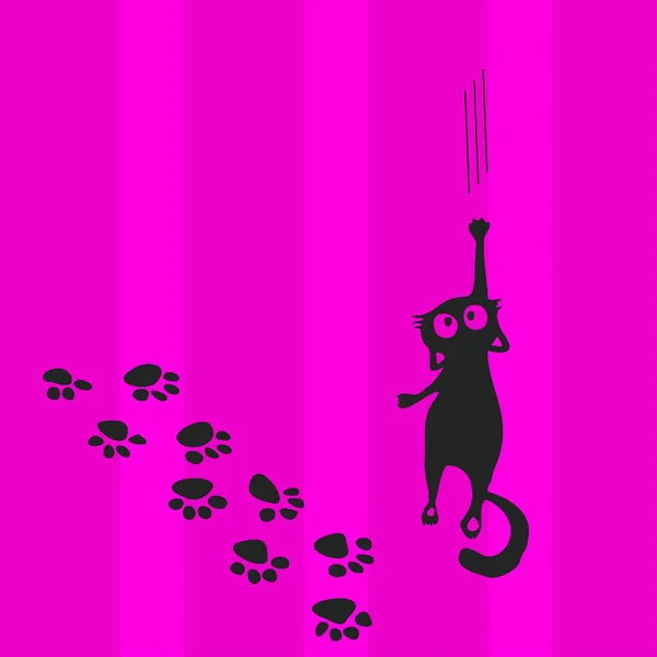 壁を登ったり爪跡や足跡を縞模様のニュートラルピンクの背景に残す黒い猫の面白いイメージ — ストック写真