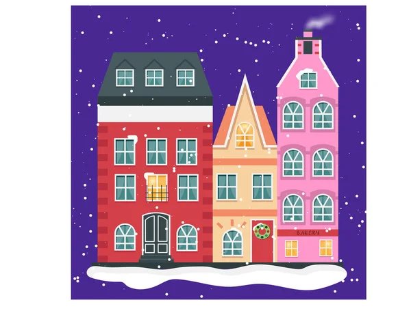 Illustration Color Holland Style Houses Snow Snowball Dark Blue Background — Stock Photo, Image