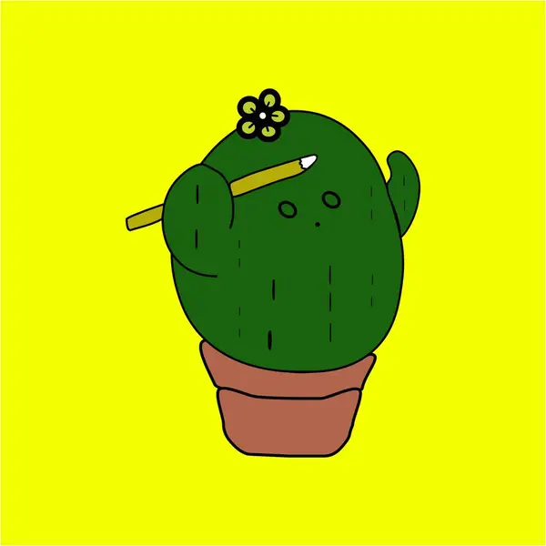 Ein Bild Von Kaktusblumen Mit Bleistift Der Hand Topf Der — Stockfoto