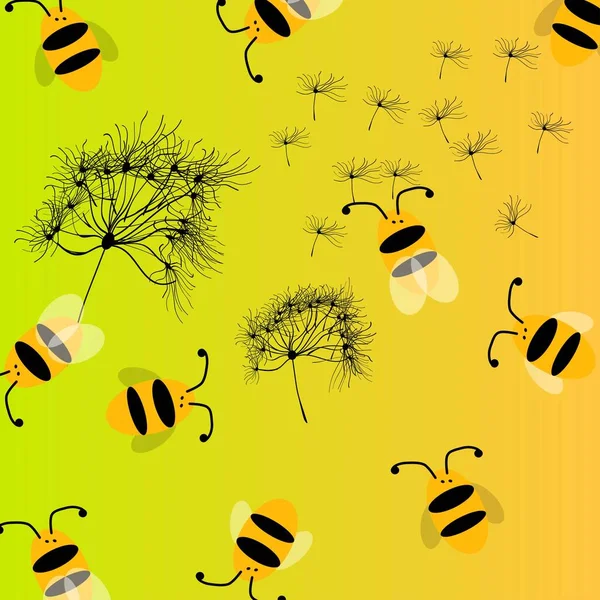 Een Patroonfoto Met Bijen Paardebloemen Een Geel Groene Hellingen Achtergrond — Stockfoto